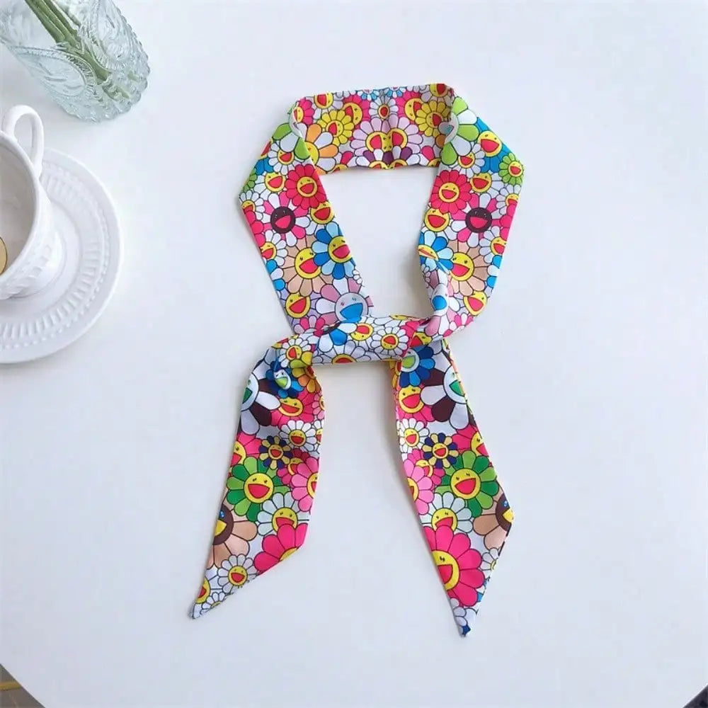 Versatile Long Skinny Silk Scarf for Women, Multiway Ribbon Tie as Bag Charm Hair Band Neck Scarf Belt, Elegant Print Gift