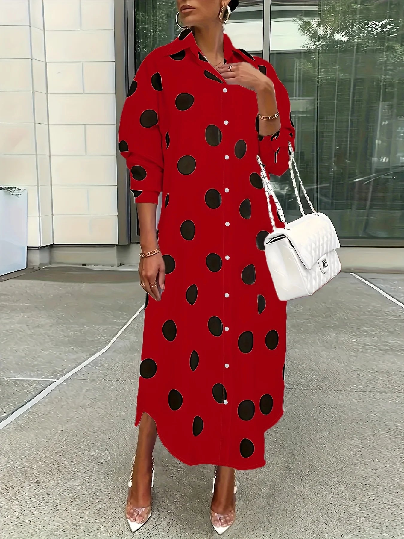 European and American plus size women's large polka dot lapel shirt dress; black polka dot single-breasted loose long sleeve side slit midi shirt dress