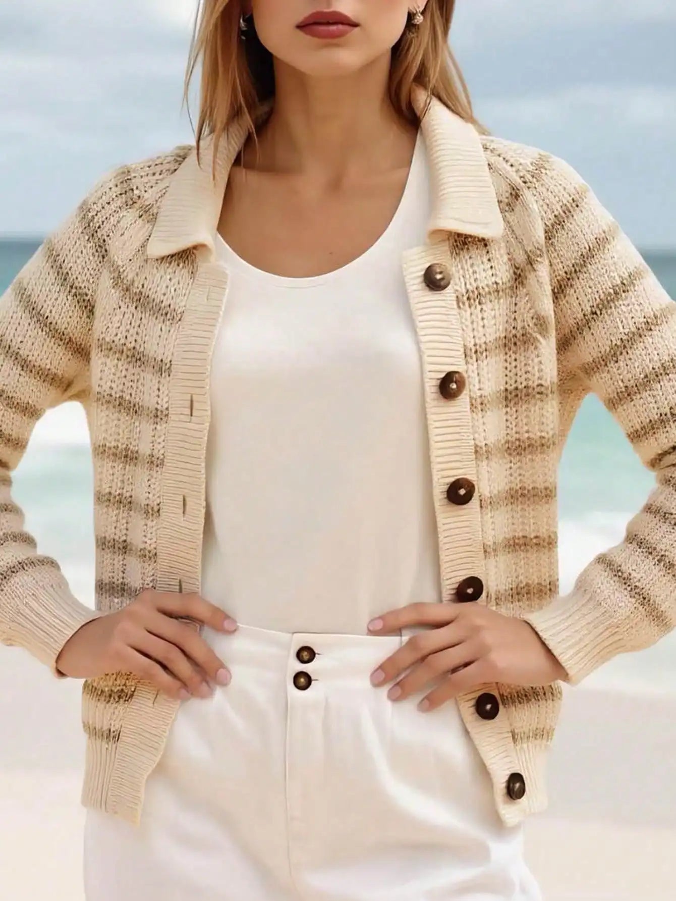 Fisoew polo Neck Knit Cardigan | Women's Open Front Long Sleeve Sweater | Button-Down Jacket Style Cover-Up