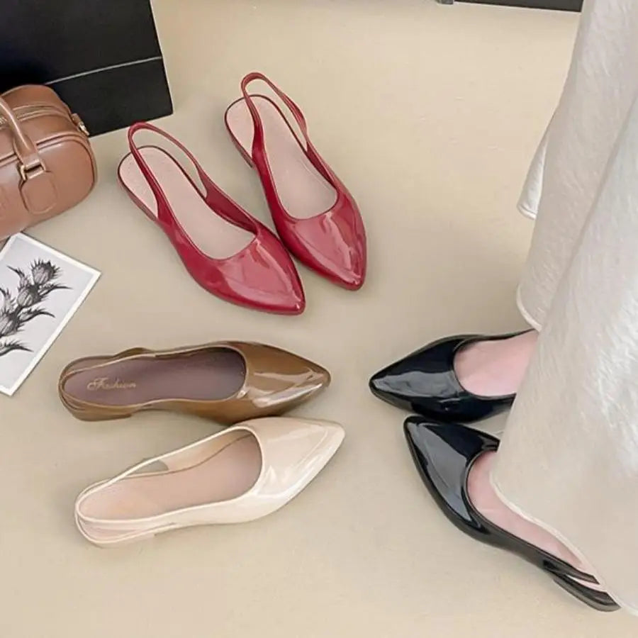 Women's Patent Leather Pointed Toe Slingback Flats, Low Block Heel Back Strap Pumps, Elegant Office Daily Dress Shoes