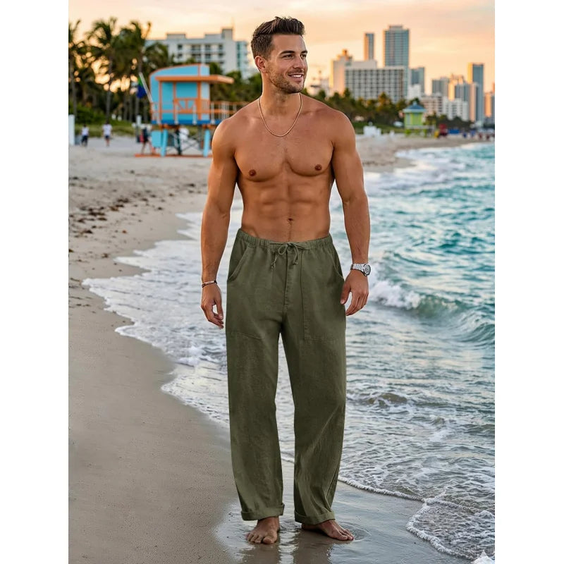 Mens Linen Pants Elastic Waist Drawstring Loose Fit Casual Summer Beach Pants with Pockets Baggy Trousers