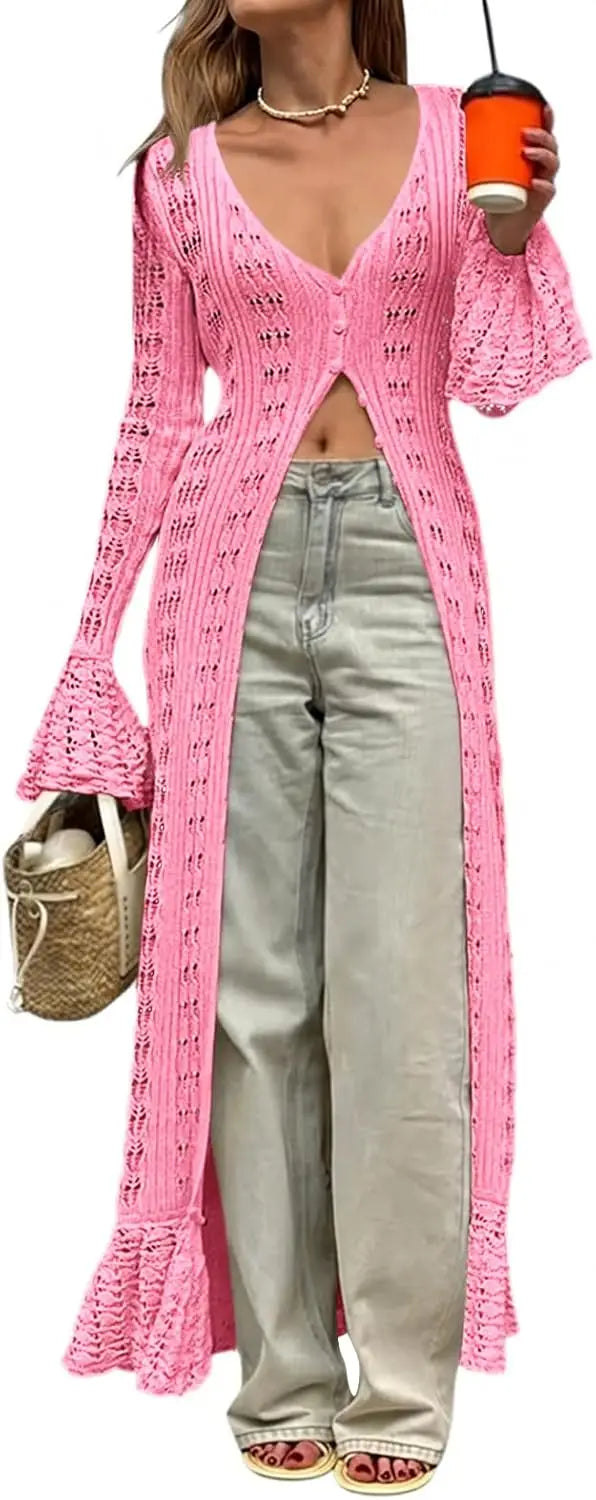 Womens Crochet Long Cardigans Duster Button Up Bell Long Sleeve Ruffle 2026 Summer Boho Beach Cover Ups