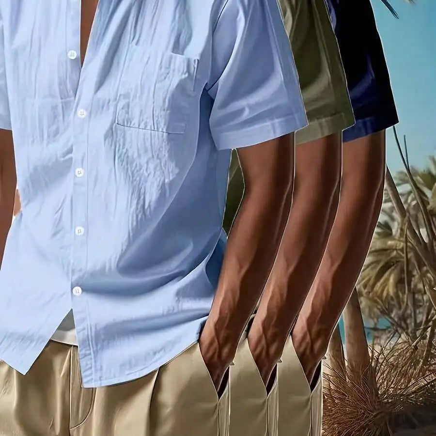 3pcs Men's Solid Color Linen Shirts: 3 Colors Available, A Must-Have For Summer Casual Outings