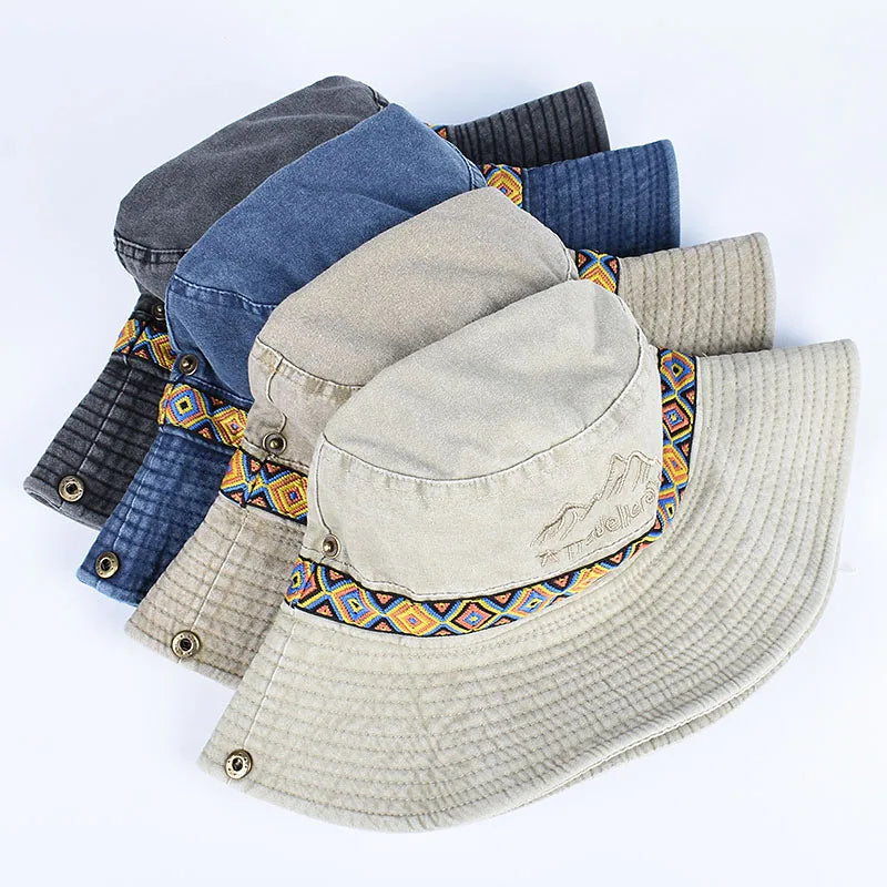 Outdoor Sun Hat Woman Bucket Hat Men Embroidered Vintage Beach Waterproof Fisherman Fishing Cap Summer Foldable Bob Man Panama