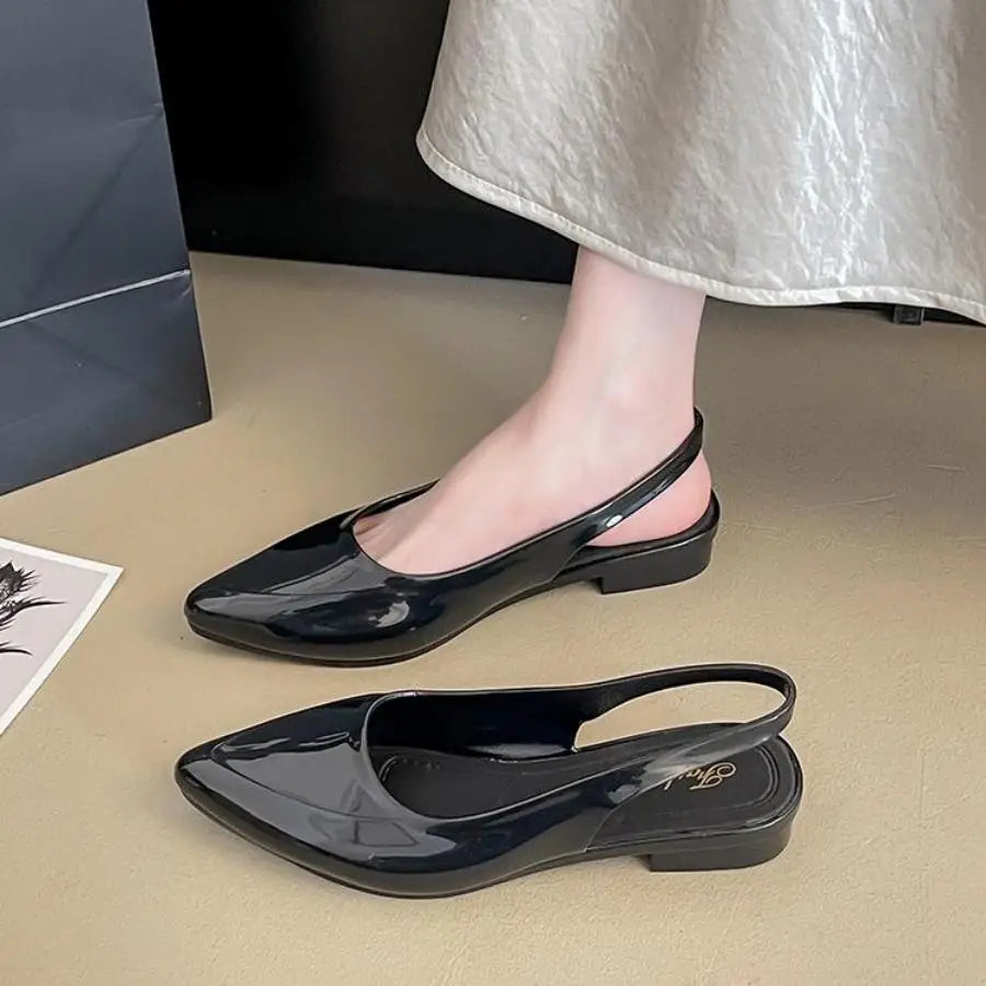Women's Patent Leather Pointed Toe Slingback Flats, Low Block Heel Back Strap Pumps, Elegant Office Daily Dress Shoes
