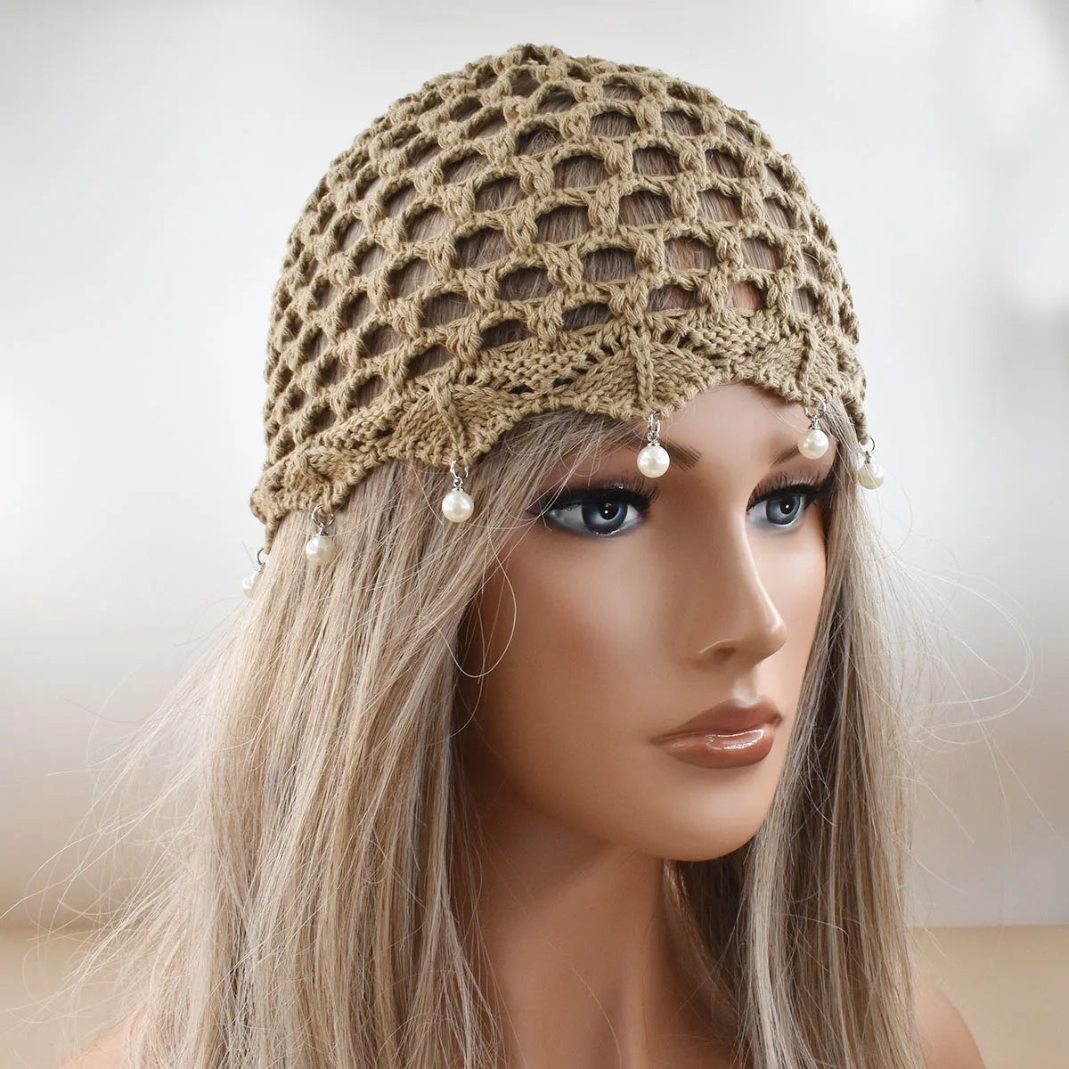 New Women Spring Summer Adjustable Mesh Knitted Pearl pendant Hat Fashion Breathable hollow woven artist with pullover charm Cap