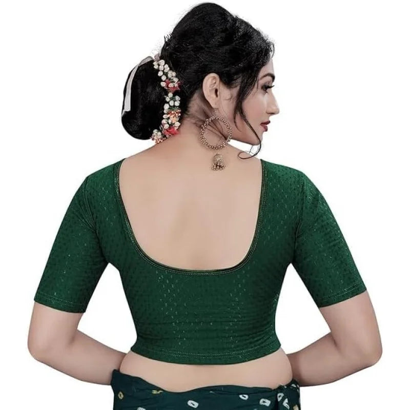 Round Neck Dobby Cotton Lycra Stretchable Elbow Sleeve Readymade Saree Blouse for Women Stylish
