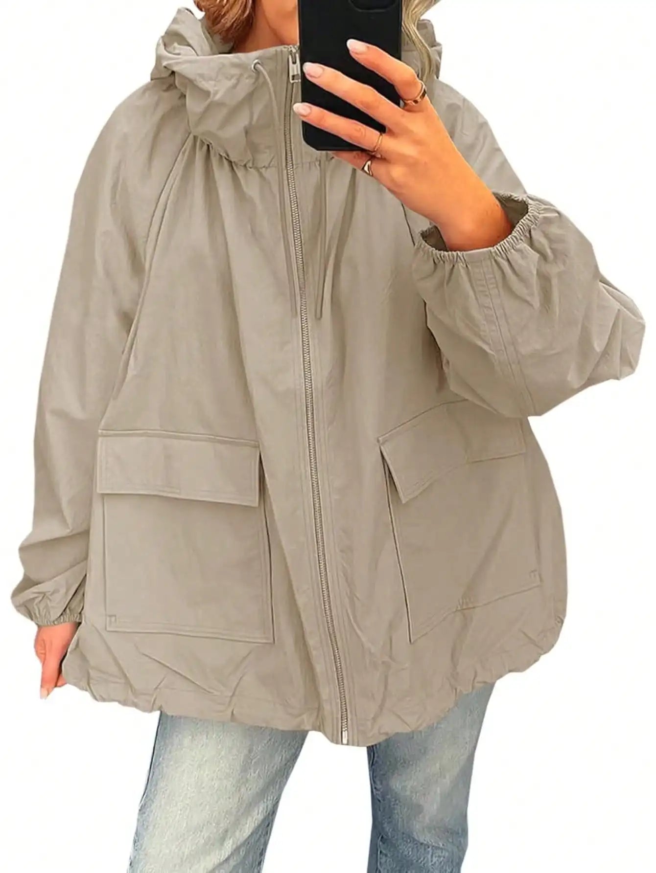 Fisoew waterproof Raincoat Women Lightweight Oversized Hooded Windbreaker Jacket With Pockets Outdoor Travel Trench Coat Fall
