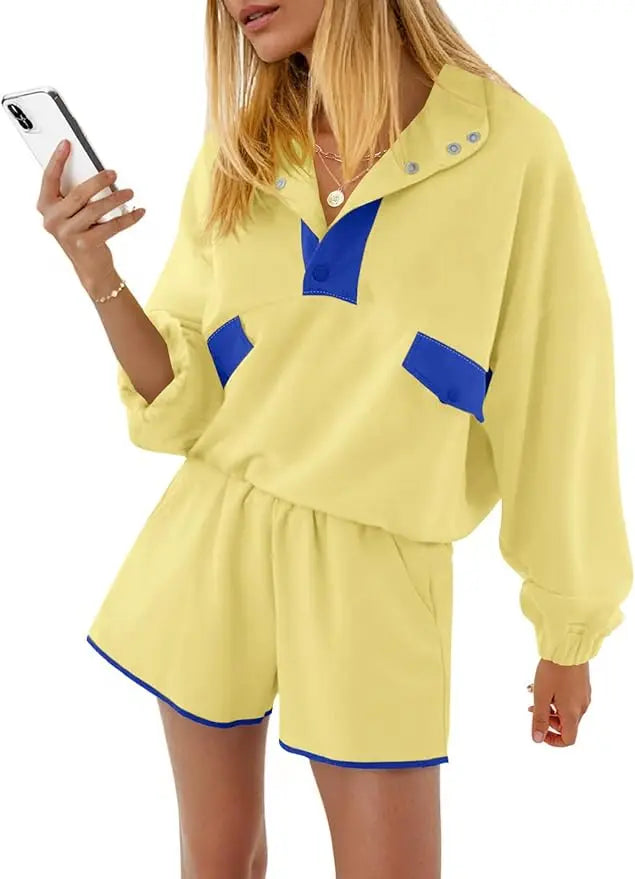 Womens Two Piece Outfits Casual Loose Lounge Set Y2K Color Block Sweatshirt And Running Shorts Fall Streetwear Tracksuit