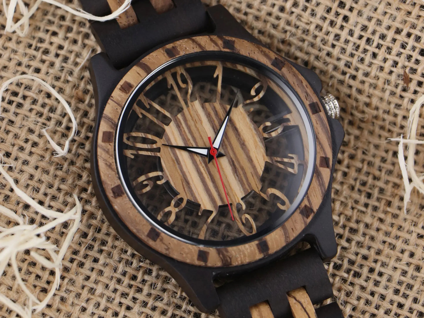 Natural Zebra Wood Watch for Men, Hollow Out Dial Wooden Band Analog Quartz Wristwatch