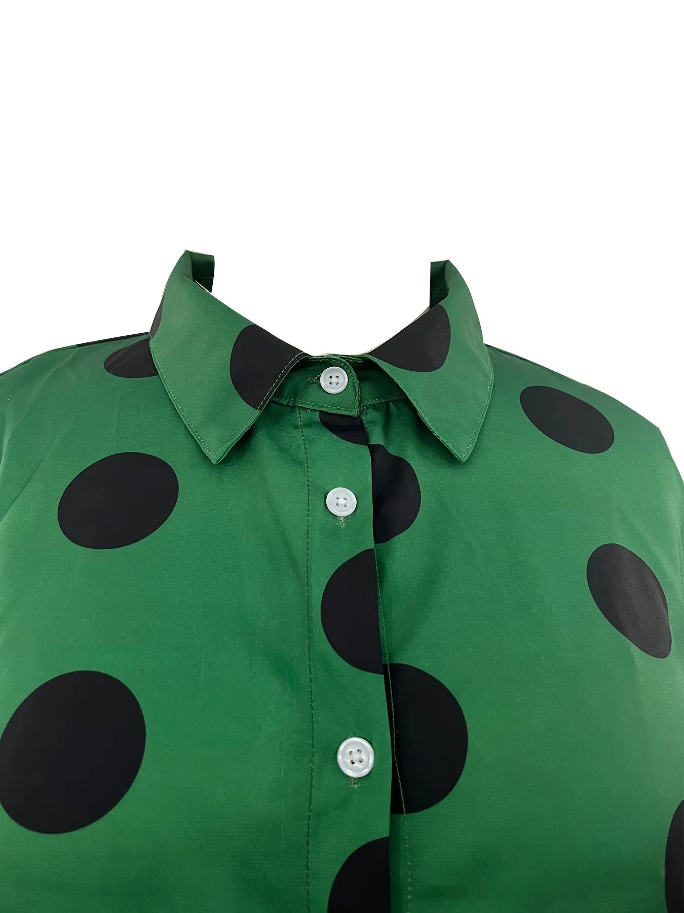 European and American plus size women's large polka dot lapel shirt dress; black polka dot single-breasted loose long sleeve side slit midi shirt dress