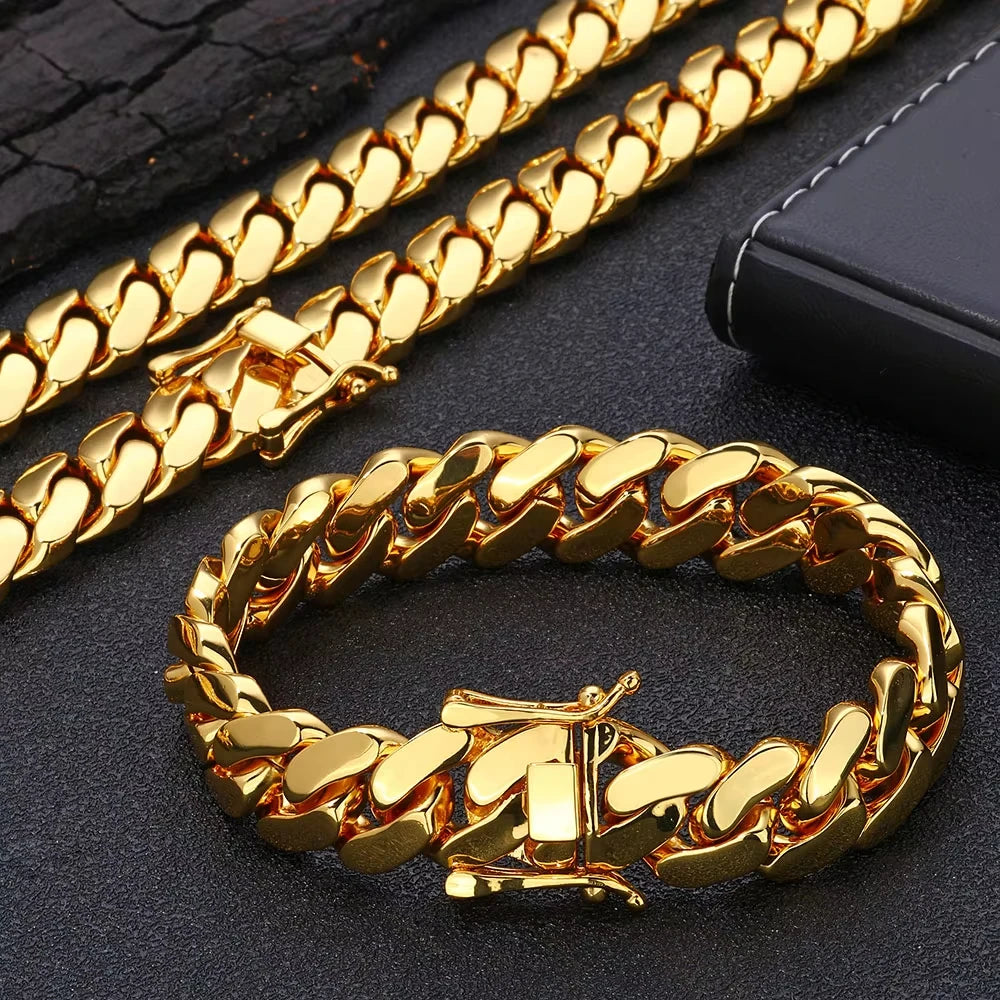 8-22mm Gold Color Stainless Steel  Cuban Miami Link Chain Necklaces for 18k Gold-plated Men (1PC)