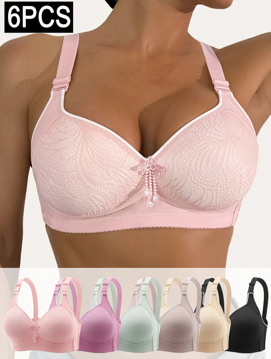 6pcs Seamless Tassel Decor Wireless Bra, Comfortable Push-Up Bra, - Adjustable Strap, Soft Pastel Colors Full Coverage Lingerie