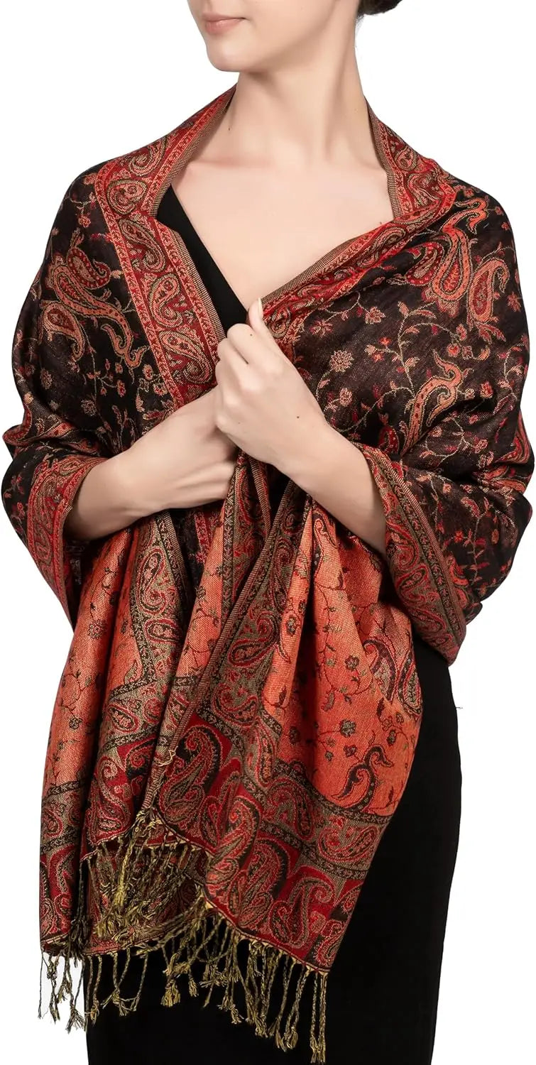 Reversible Paisley Pashmina Rave Scarf – Exotic Indian Shawls and Wraps for Evening Dresses, Festivals, All Seasons