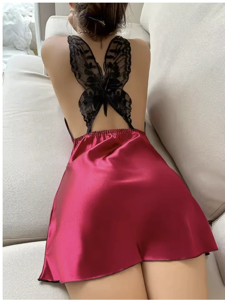 Solid Color V-neck Nightgown Backless Cross Suspender Skirt Butterfly Decoration Simulation Silk