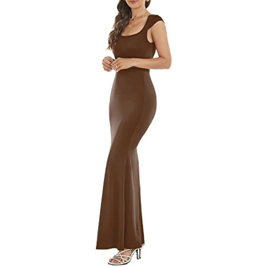 Womens Summer Cap Sleeve Square Neck Elegant Casual Lounge Bodycon Slim Maxi Evening Party Long Dress