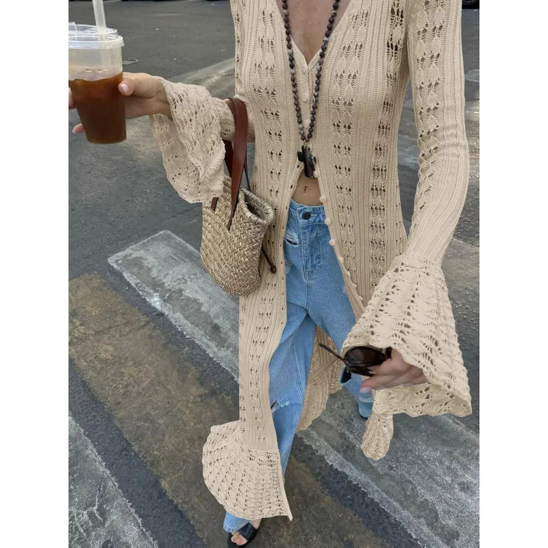 Womens Crochet Long Cardigans Duster Button Up Bell Long Sleeve Ruffle 2026 Summer Boho Beach Cover Ups