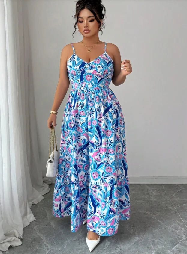 Plus Size Women's Gentle Style Blue and White Floral Camisole Dress; Plus Size Loose Fit; Daily Commute Elegant Long Dress
