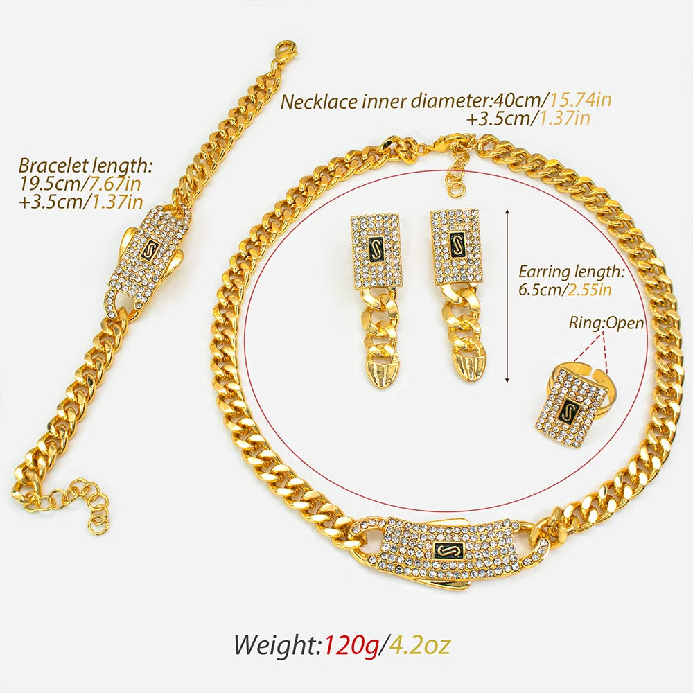 GZJPEI 4 Pcs/set 2026 Fashion Jewelry Set Cuba Chain Necklace Earring Bracelet Square Ring Luxury Zircon Jewelry For Women Gifts