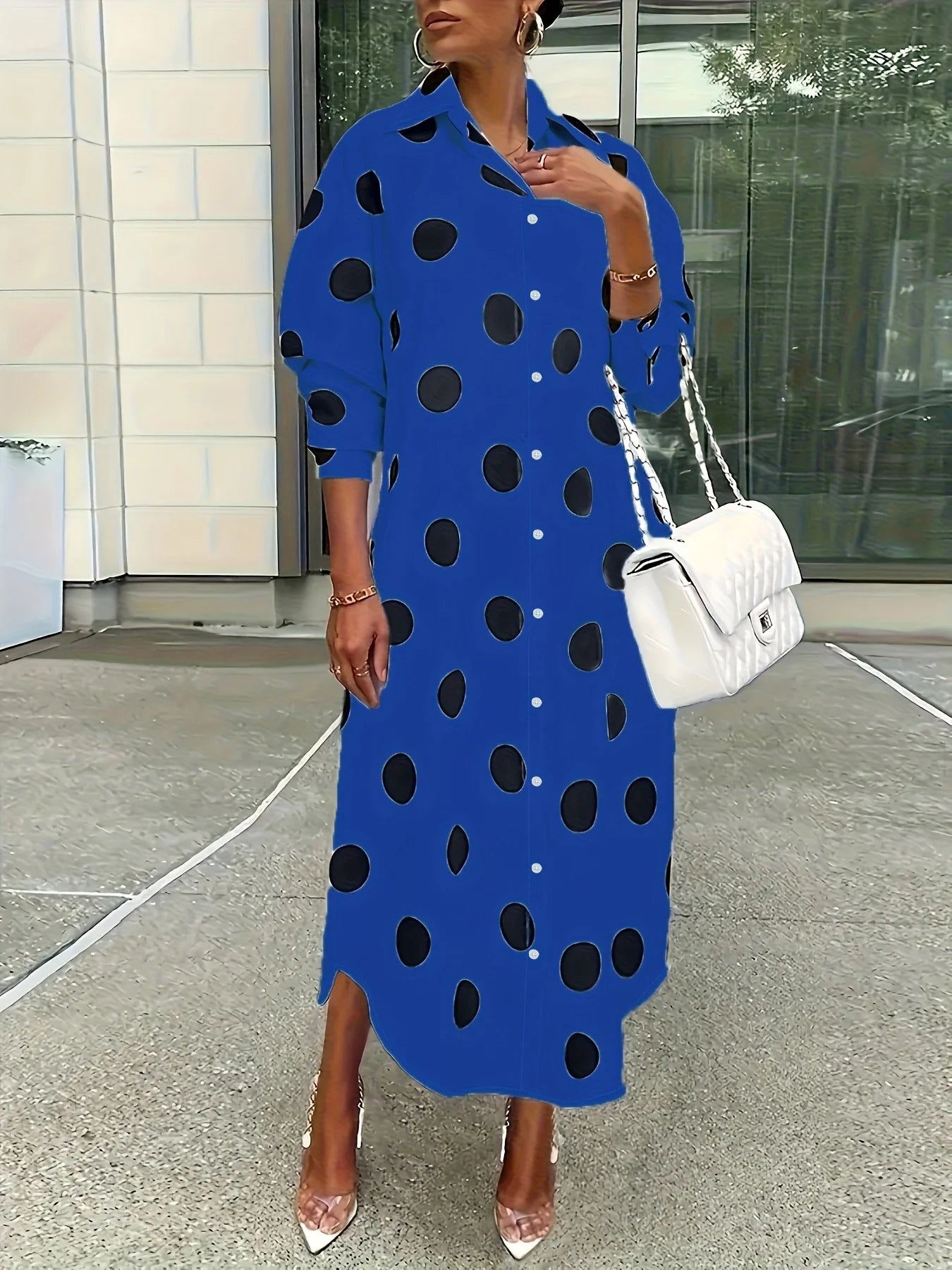 European and American plus size women's large polka dot lapel shirt dress; black polka dot single-breasted loose long sleeve side slit midi shirt dress