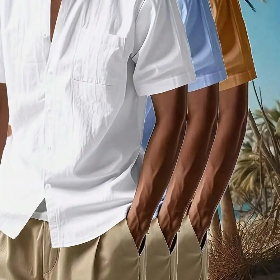 3pcs Men's Solid Color Linen Shirts: 3 Colors Available, A Must-Have For Summer Casual Outings