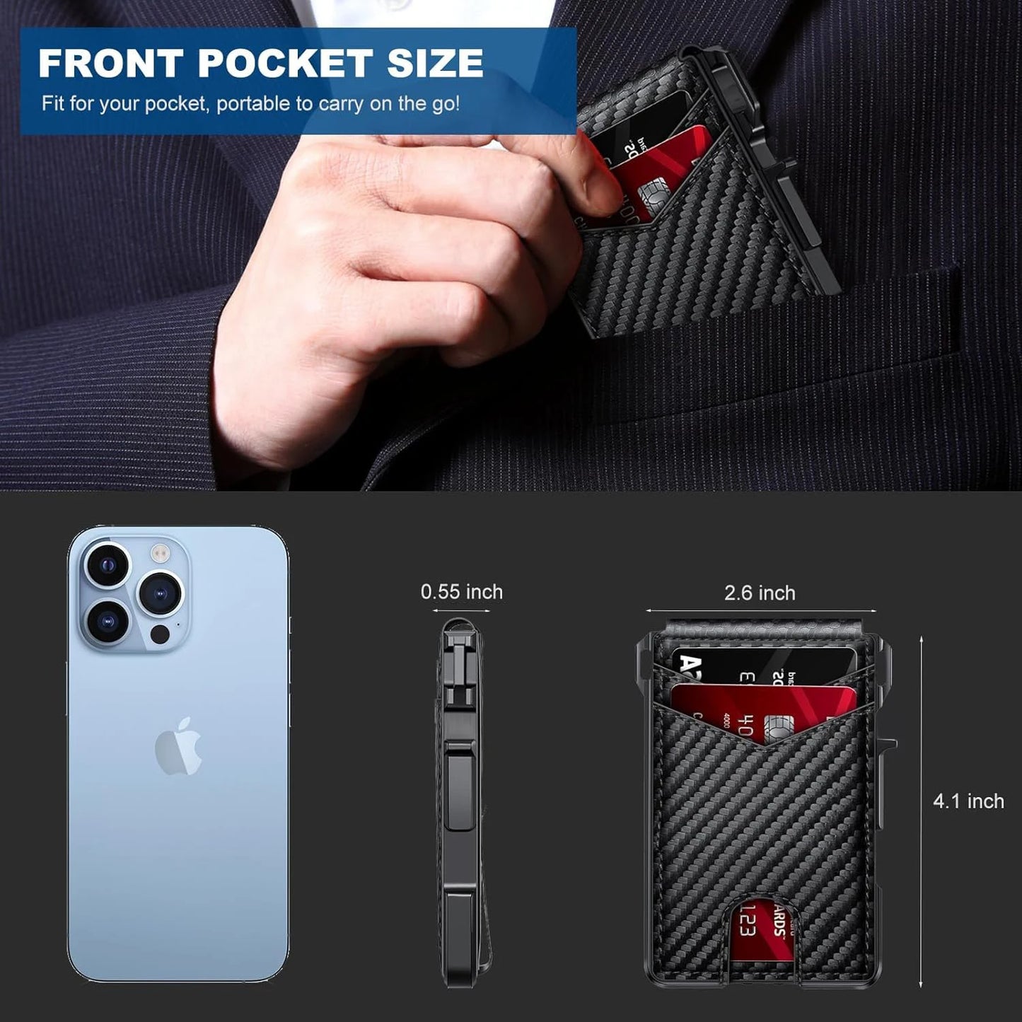 RFID Blocking Mens Wallet | Minimalist Slim, Smart Pop-Up Card Holder, Metal Credit Card Wallet with Money Clip for Men