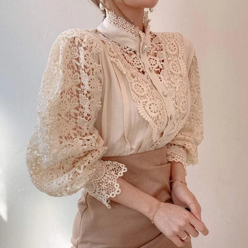 Women’s Elegant Lace Trim Shirts/Casual Victorian Blouse/Long Sleeve Button Down Tops