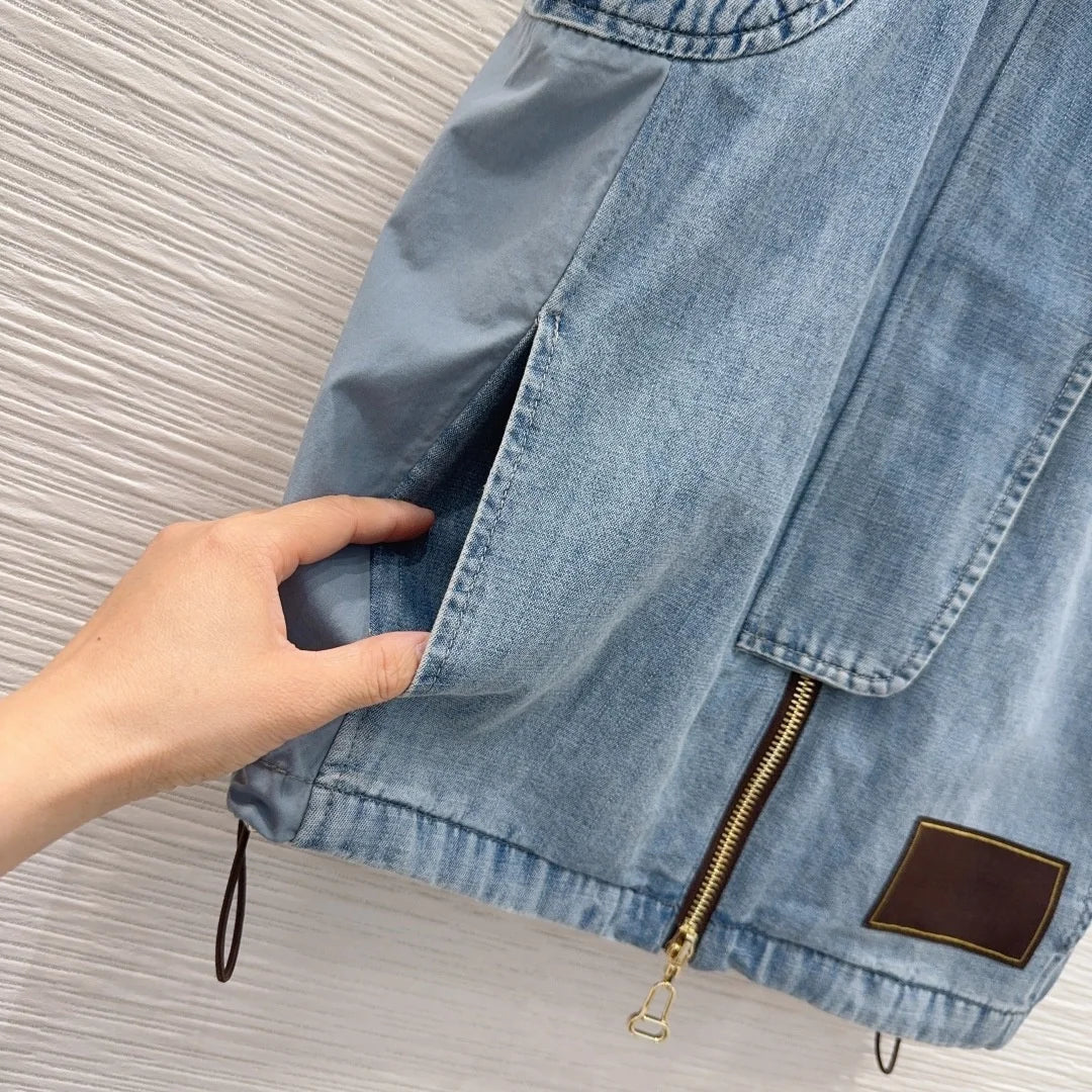 Women's Denim Sleeveless Hooded Zipper Vest with Belted Zipper Short Skirt Set Summer Youth Fashion Casual  2652018