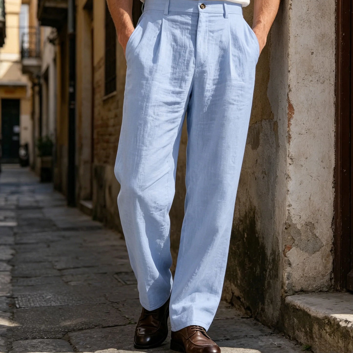 Men's Linen Cotton Pants Classic Straight Fit Trousers Breathable Lightweight Stretch Waist Casual Cool Fabric For Summer Beach