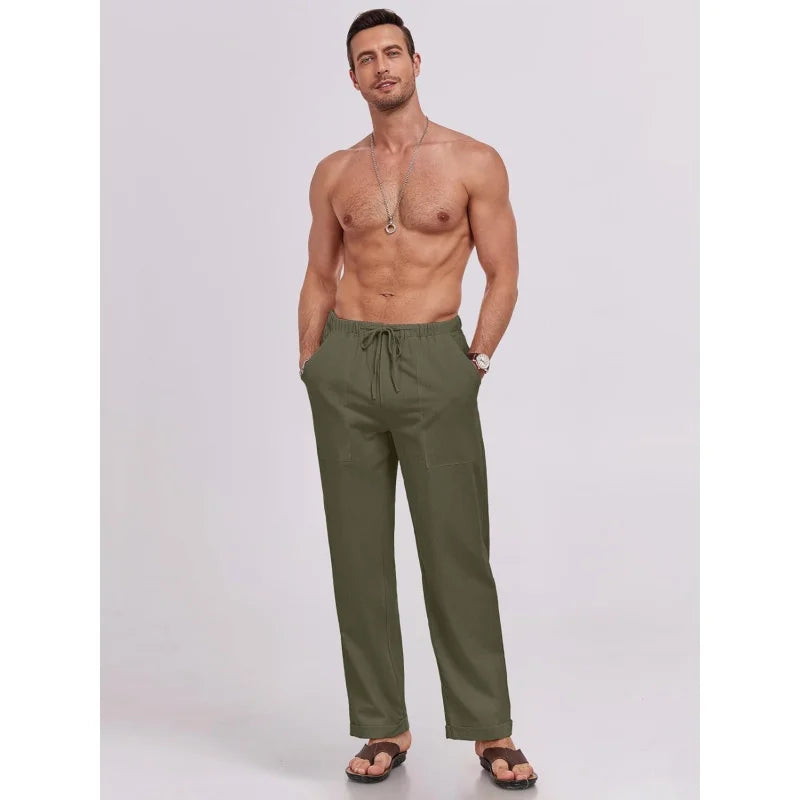 Mens Linen Pants Elastic Waist Drawstring Loose Fit Casual Summer Beach Pants with Pockets Baggy Trousers