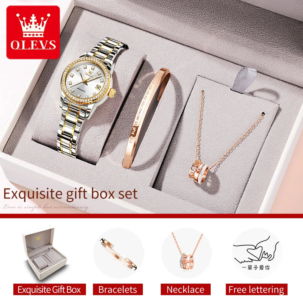 OLEVS Automatic Watch for Women Diamond Gold Luxury Stainless Steel Elegant Original Women's Automatic Watch Necklace Gift Set
