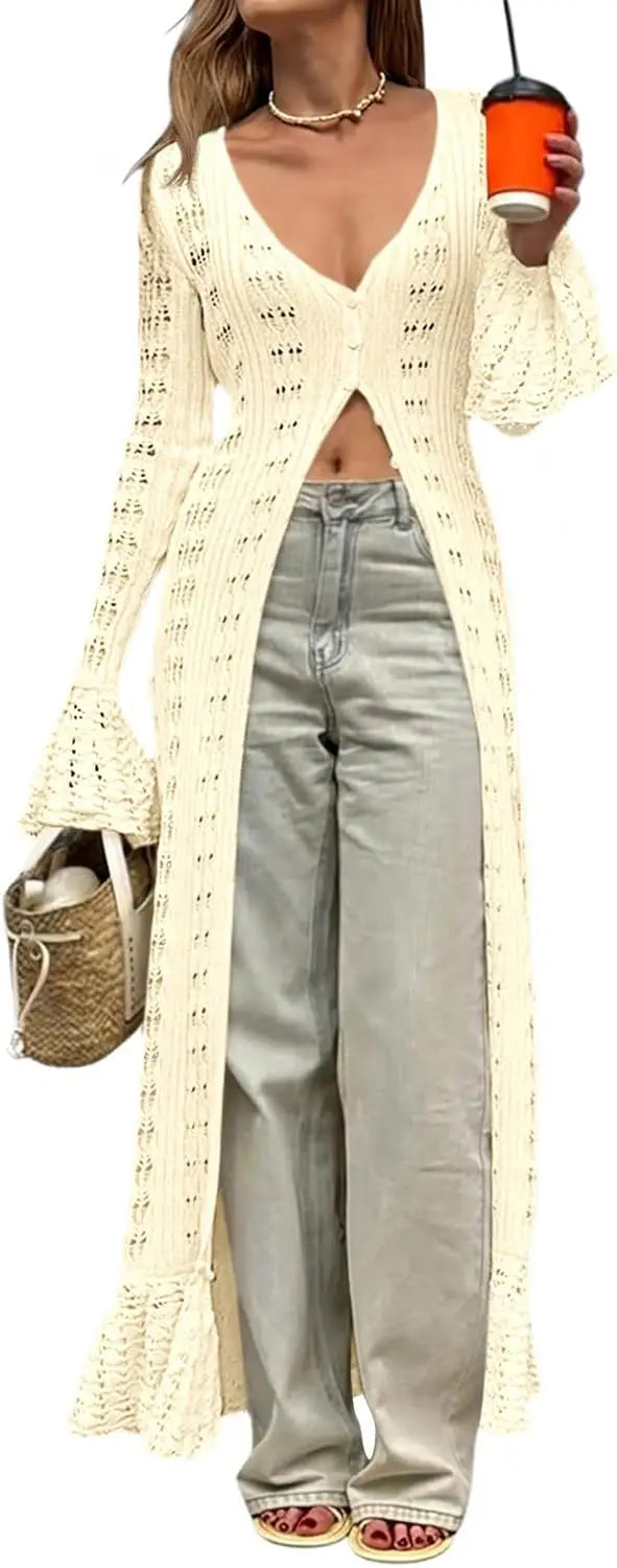Womens Crochet Long Cardigans Duster Button Up Bell Long Sleeve Ruffle 2026 Summer Boho Beach Cover Ups