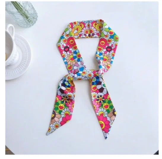 Versatile Long Skinny Silk Scarf for Women, Multiway Ribbon Tie as Bag Charm Hair Band Neck Scarf Belt, Elegant Print Gift