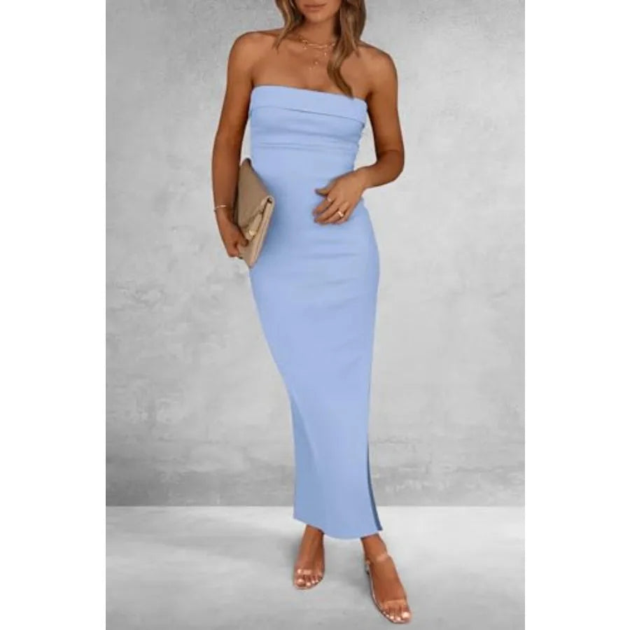 Women's Summer Bodycon Maxi Tube Dress Ribbed Strapless Side Slit Long Going Out Casual Elegant Party Dresses