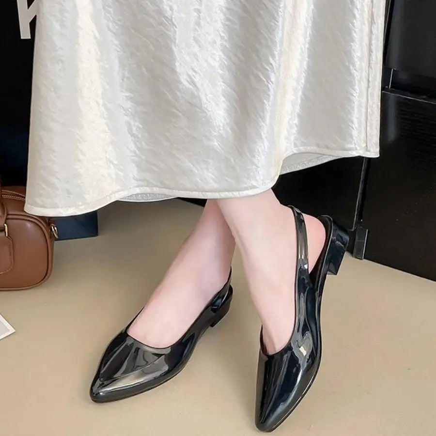 Women's Patent Leather Pointed Toe Slingback Flats, Low Block Heel Back Strap Pumps, Elegant Office Daily Dress Shoes