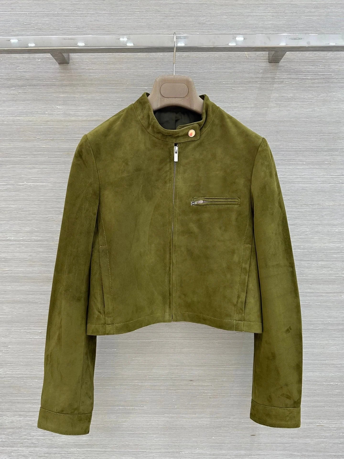 Women's Pure Color Leather Long Sleeve Stand Collar Zipper Short Jacket Autumn Winter Fashion Elegant Style 26713204