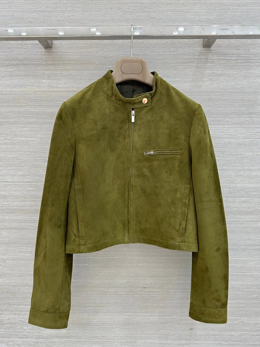 Women's Pure Color Leather Long Sleeve Stand Collar Zipper Short Jacket Autumn Winter Fashion Elegant Style 26713204
