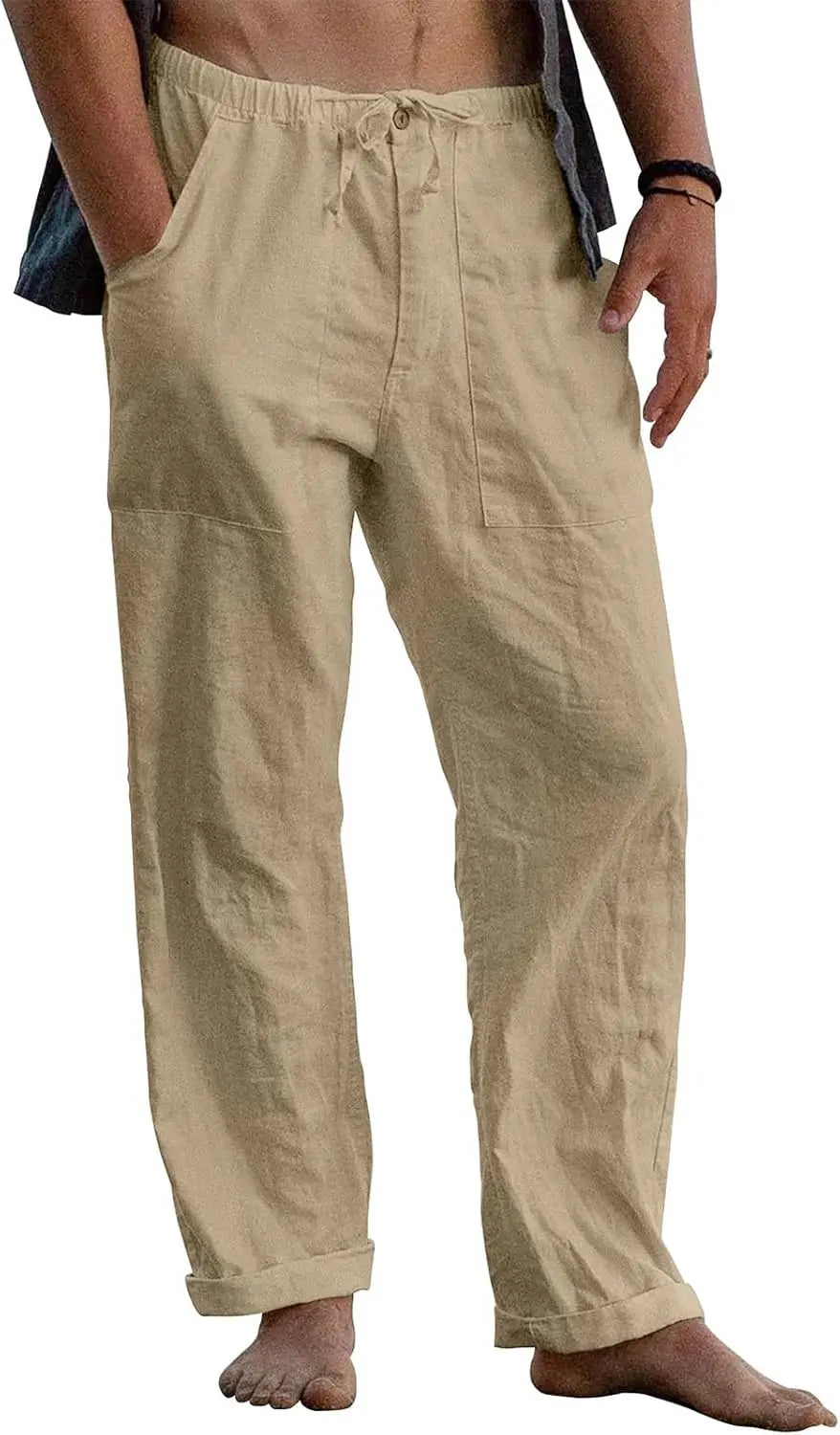 Mens Linen Pants Elastic Waist Drawstring Loose Fit Casual Summer Beach Pants with Pockets Baggy Trousers