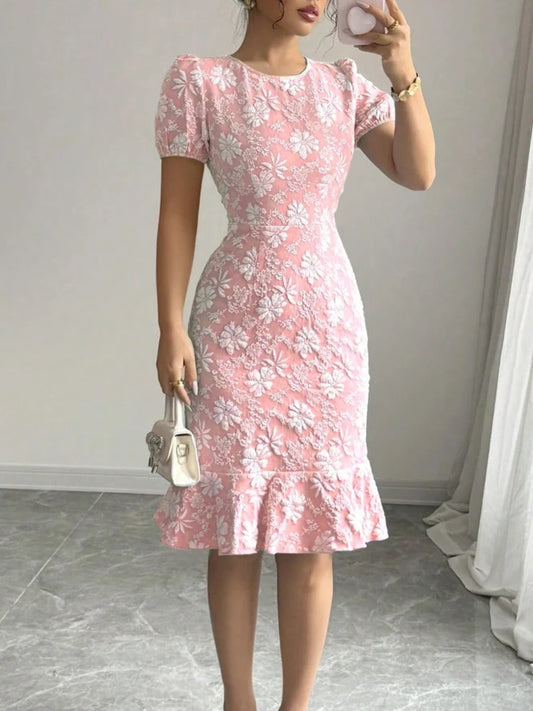 Elegant Lady Ruffled Hem Short Sleeve Dress New Skinny Hip Covering Slim Knee Length Dress Casual All-Match Solid O-Neck