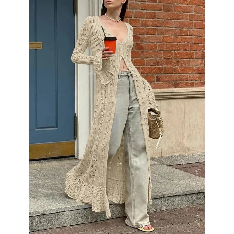Womens Crochet Long Cardigans Duster Button Up Bell Long Sleeve Ruffle 2026 Summer Boho Beach Cover Ups