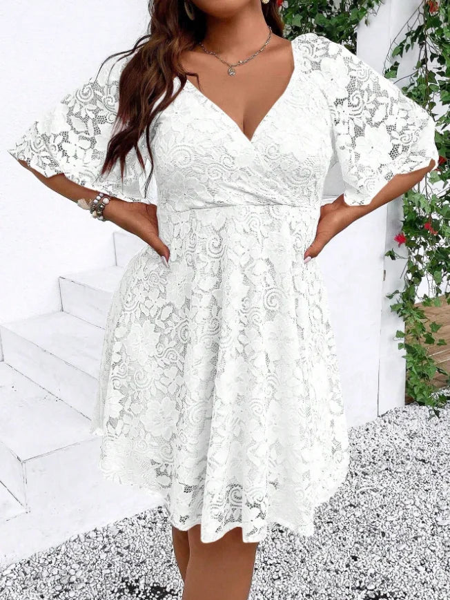 Plus Size Women's Lace A-line Dress, Mid-sleeve V-neck Cross-over Waist Party Date Romantic Dress