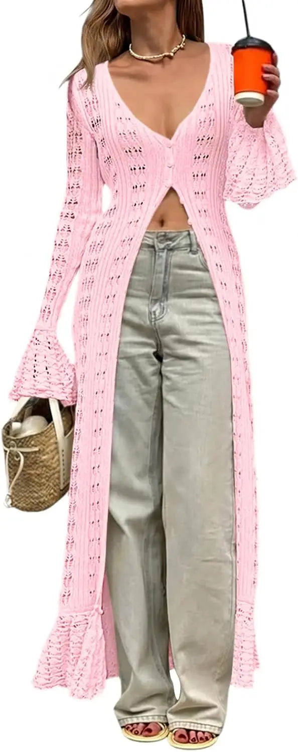 Womens Crochet Long Cardigans Duster Button Up Bell Long Sleeve Ruffle 2026 Summer Boho Beach Cover Ups