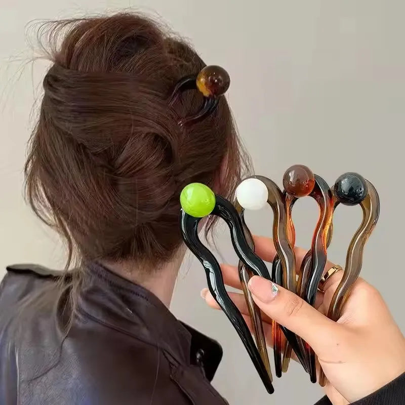 Fashion Colored Pearl U-Shaped Hair Sticks/ Hairpin Hair Fork Bun Acrylic Hair Clip
