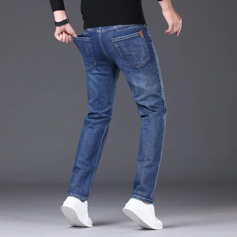 Spring Autumn Business Men Jeans Casual Straight Stretch Classic Black/ Sky Blue/ Grey Work Denim Trousers Brand Clothing