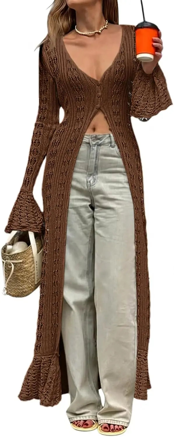 Womens Crochet Long Cardigans Duster Button Up Bell Long Sleeve Ruffle 2026 Summer Boho Beach Cover Ups