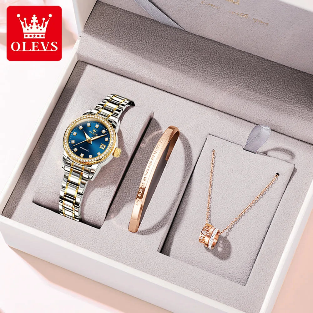OLEVS Automatic Watch for Women Diamond Gold Luxury Stainless Steel Elegant Original Women's Automatic Watch Necklace Gift Set