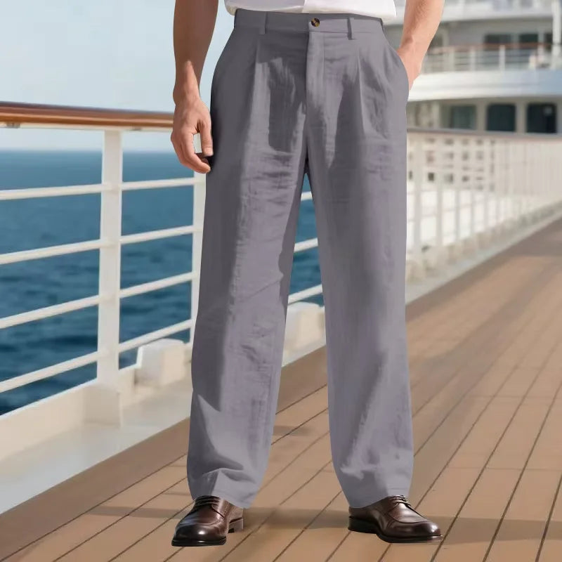 Men's Linen Cotton Pants Classic Straight Fit Trousers Breathable Lightweight Stretch Waist Casual Cool Fabric For Summer Beach
