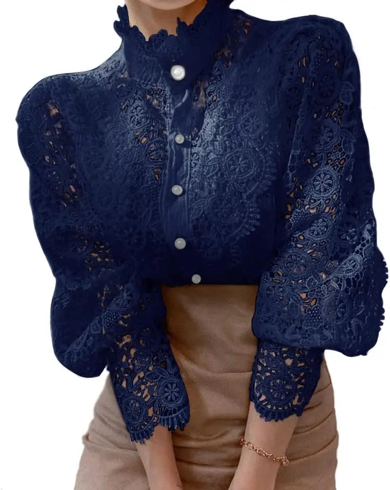 Women’s Elegant Lace Trim Shirts/Casual Victorian Blouse/Long Sleeve Button Down Tops