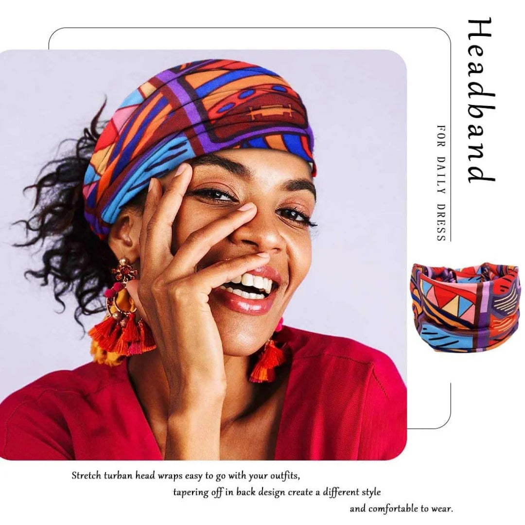 4 Pcs Women's Wide Boho Knotted Non-Slip Turban Headwraps - Stretchy Bandeau Hair Bands for Sports, Yoga, Workouts