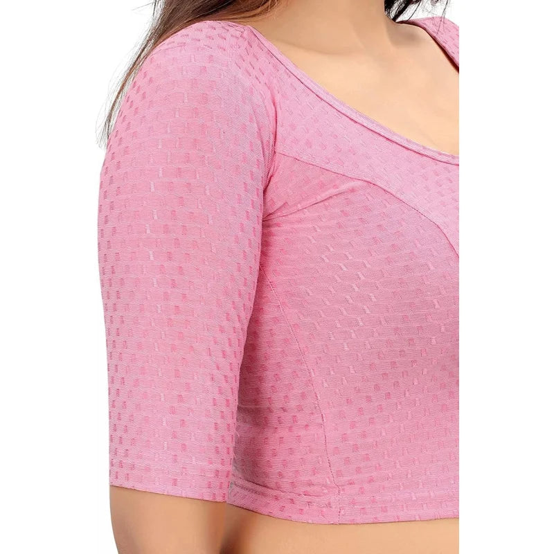 Round Neck dobby Cotton Lycra Stretchable Elbow Sleeve Blouse